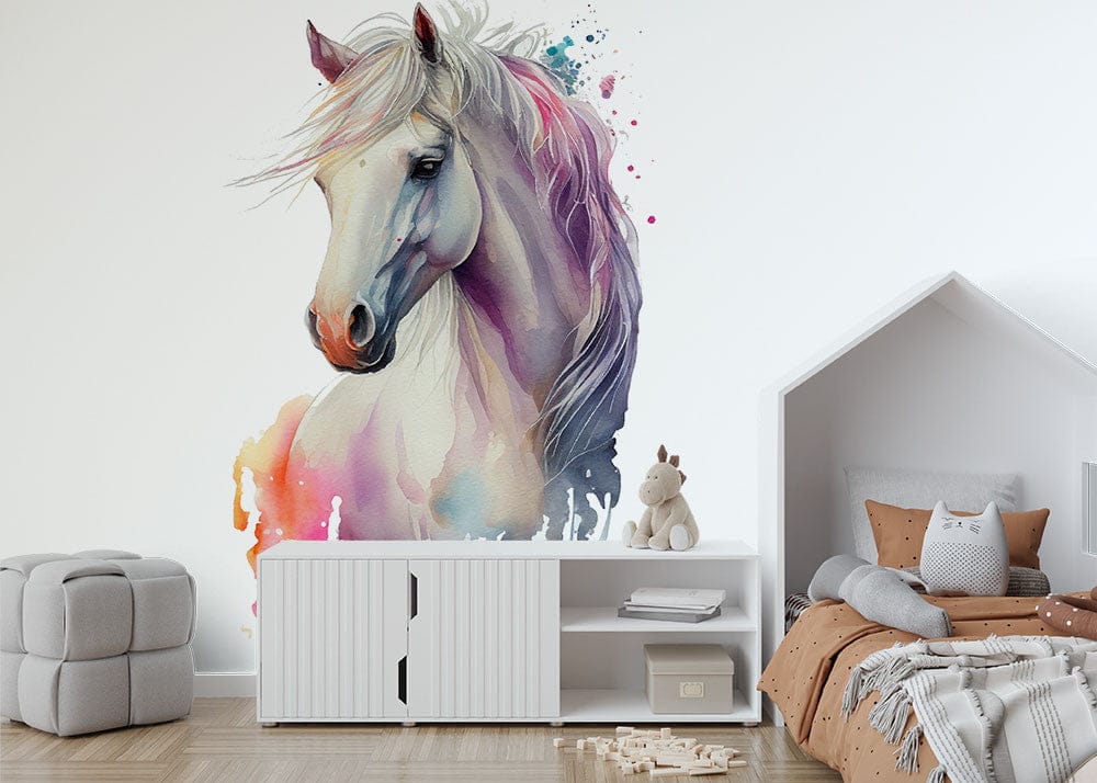 Papier peint enfant panoramique Cheval blanc aquarelle